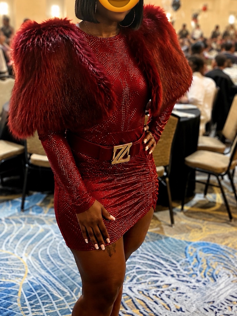 Zhivago Red Embellished Mini Dress with Faux Fur Capelet
